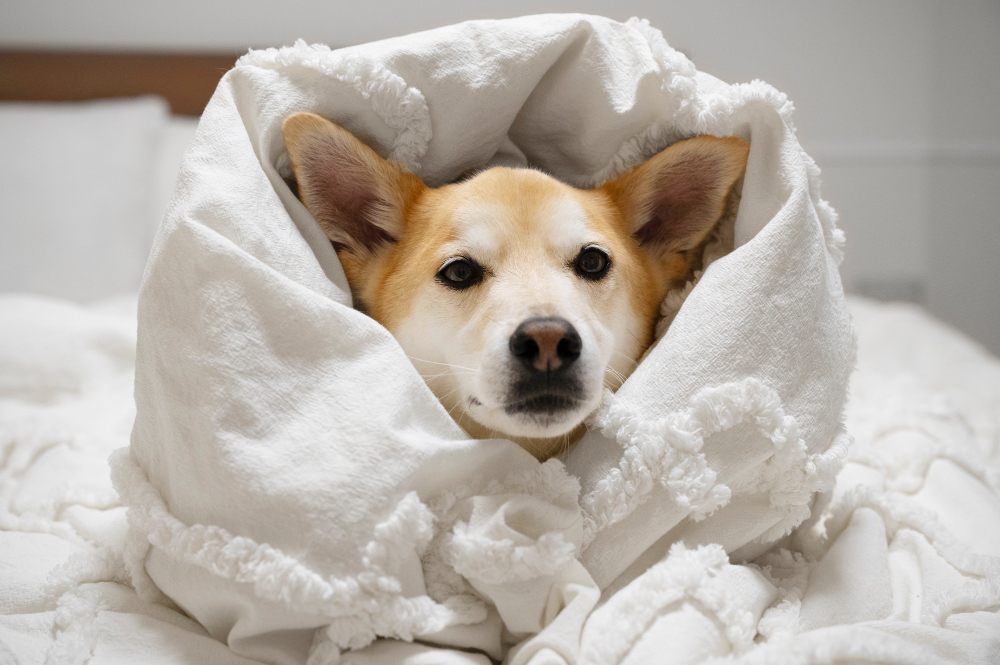 Shiba Inu dog relaxing in bed